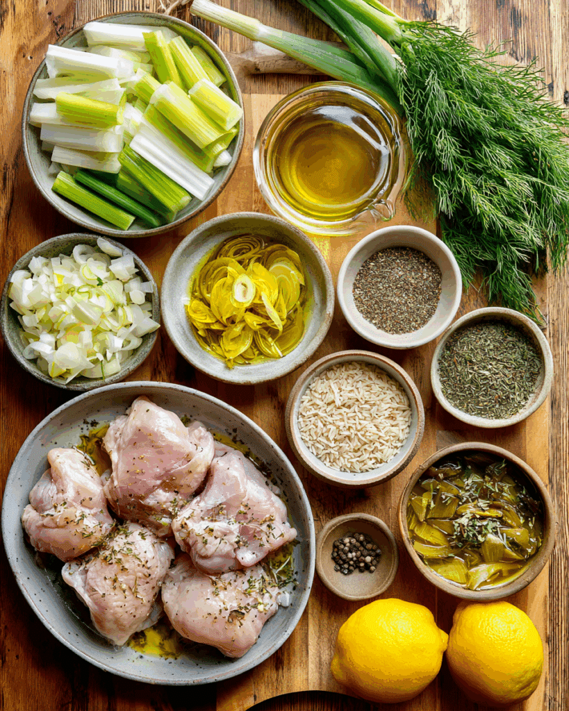 Ingredients for One Pot Lemon Dilly Chicken Rice Soup