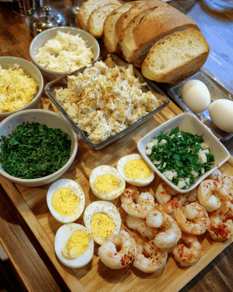Ingredients for Shrimp and Jumbo Lump Crab Garlic Bread laid out