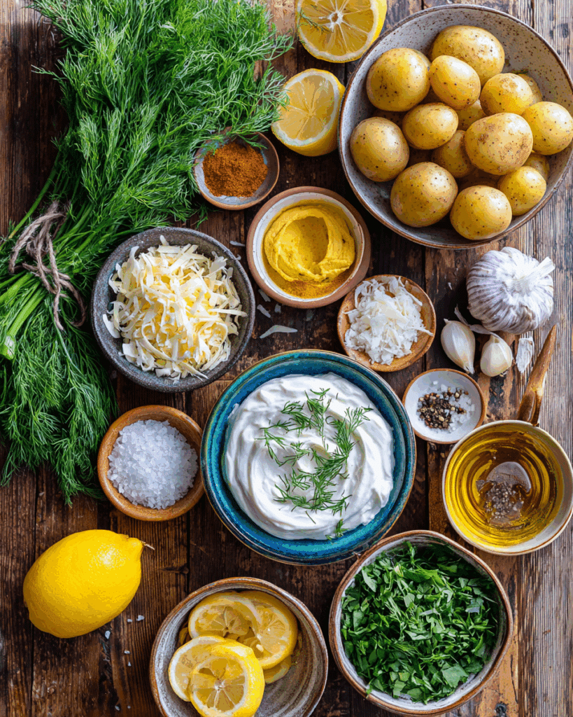 Ingredients for crispy lemon potatoes and dill whipped ricotta laid out on a table