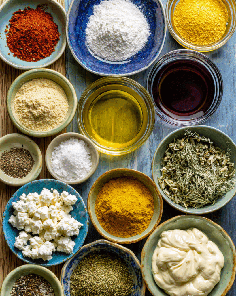 Ingredients for Greektown Creamy Feta Dressing on wooden board