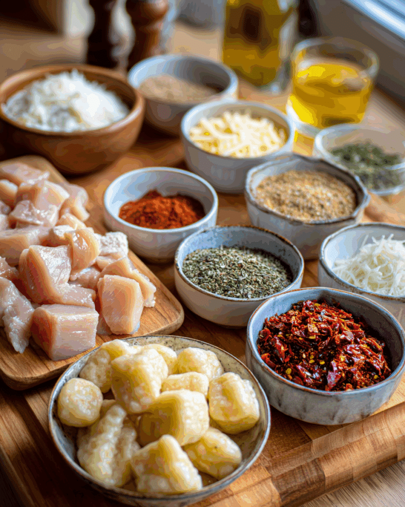 Ingredients for creamy chicken and gnocchi arranged on a wooden counter.