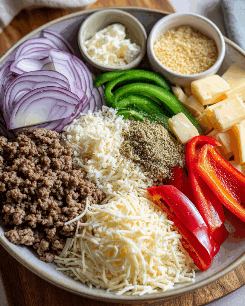 Ingredients for making a Philly Cheesesteak Bowl
