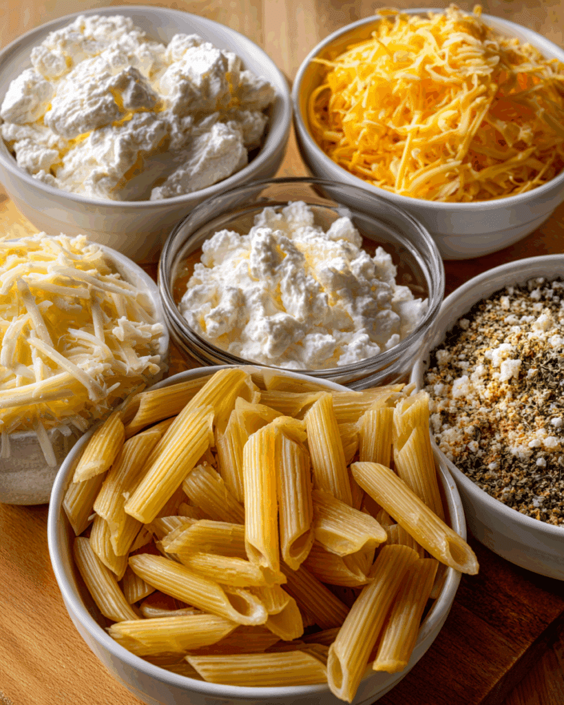 Ingredients for the Creamiest Four Cheese Pasta laid out.