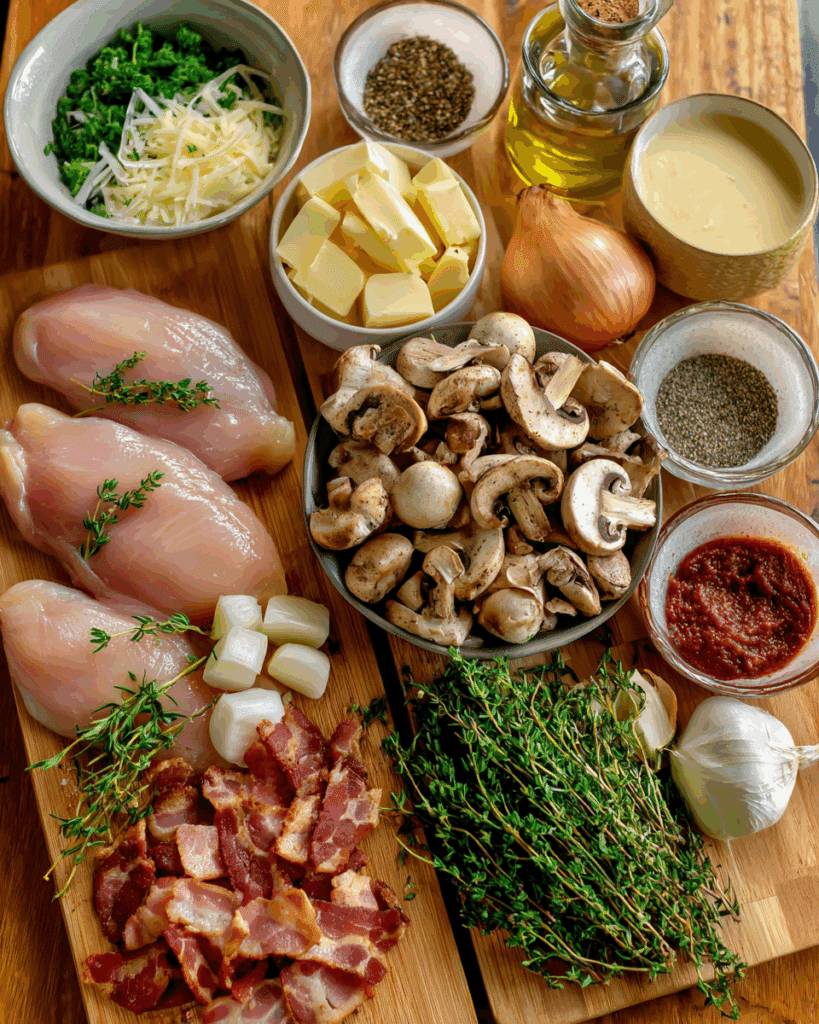 fresh ingredients for grilled honey mustard chicken with peach salad laid out on a rustic counter