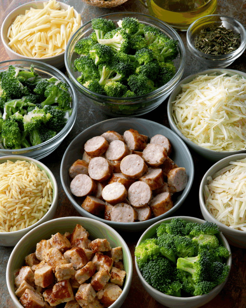 Ingredients for Chicken Sausage Broccoli and Orzo Skillet