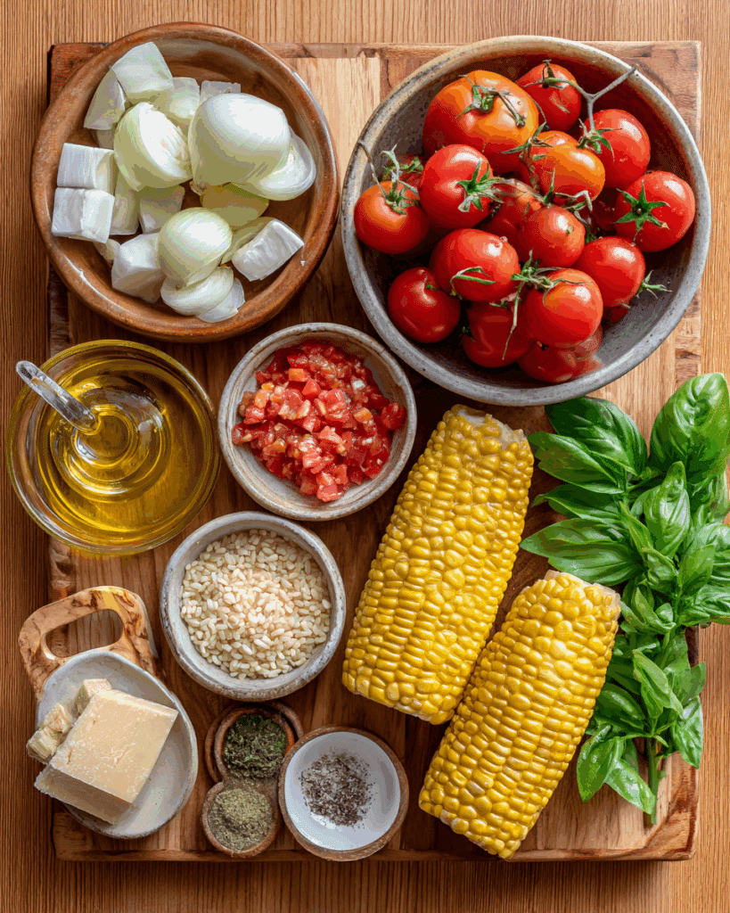 Tomato risotto ingredients on a rustic counter