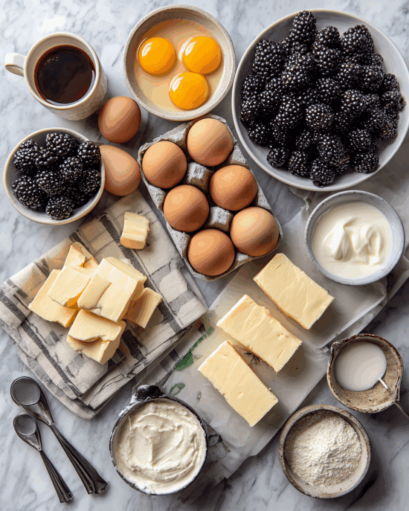 Cheesecake and blackberry sauce ingredients on a marble surface.