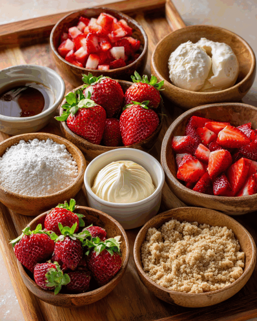 Ingredients laid out for making strawberry shortcake cookie cups