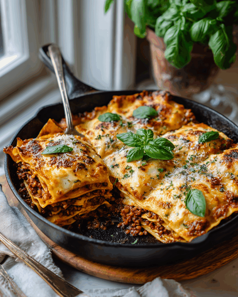 Crispy lentils cooking in skillet