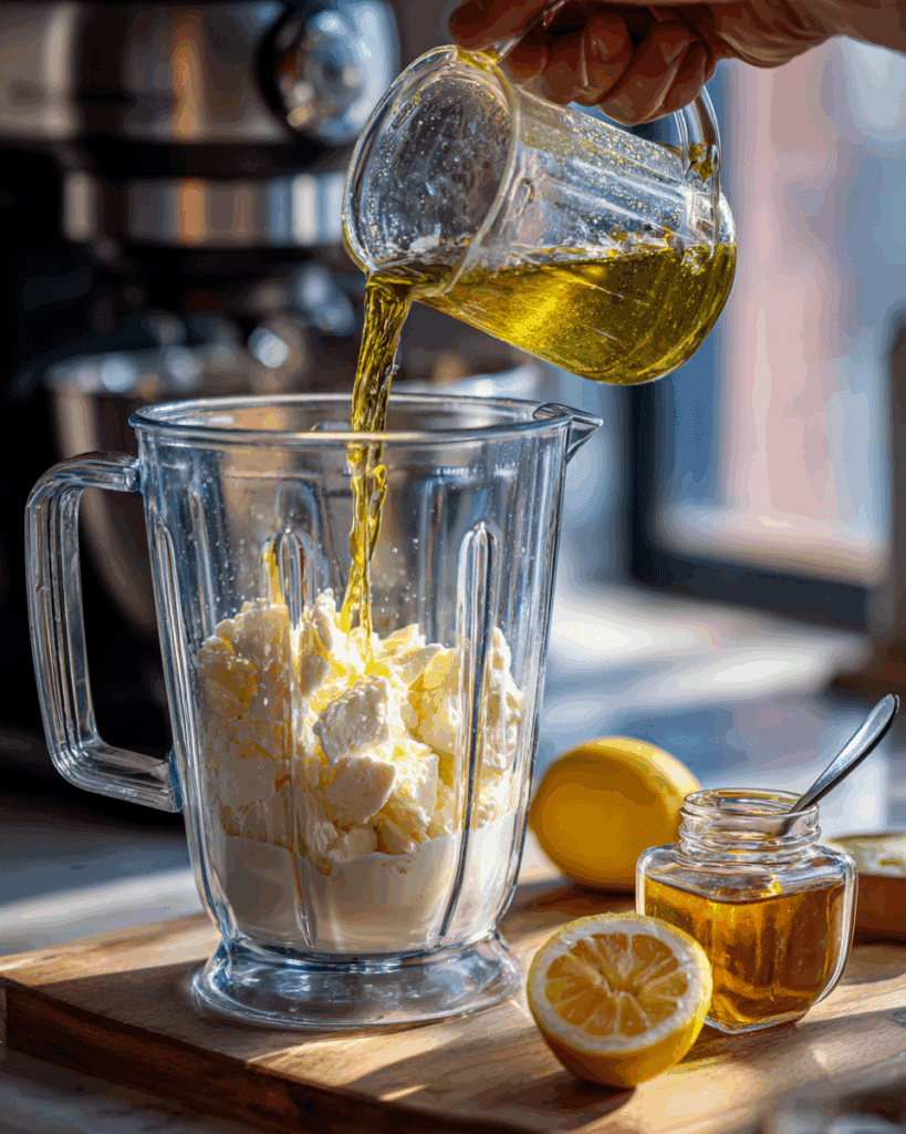 Blending creamy feta dressing ingredients in blender