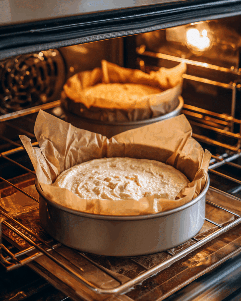 London Fog Basque Cheesecake baking in the oven.