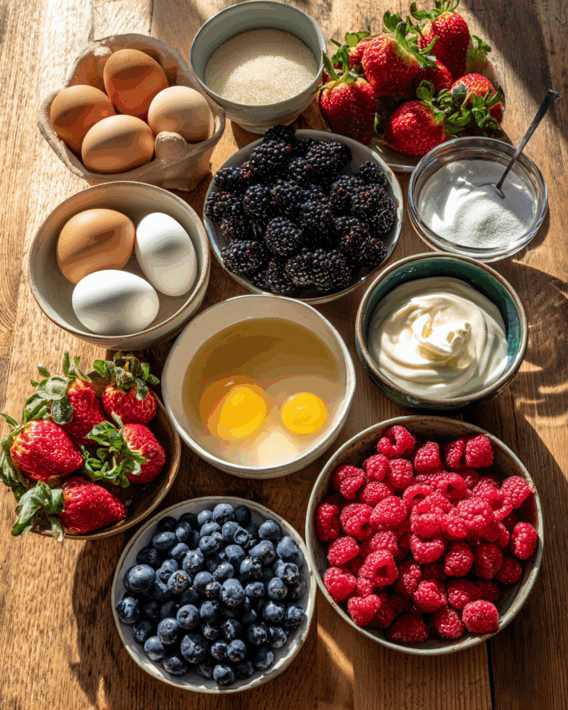 Bavarian Cream and Berries ingredients on wooden kitchen counter