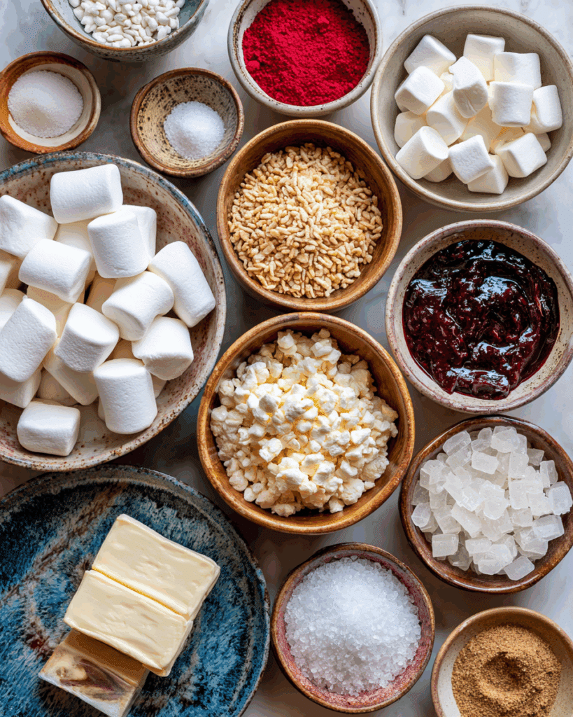 Ingredients for  Marshmallow Rice Bubbles Halloween Brains treats laid out on kitchen counter