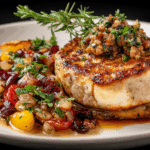Sausage Baked Brie with sausage and walnuts on a wooden table