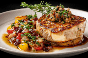 Sausage Baked Brie with sausage and walnuts on a wooden table