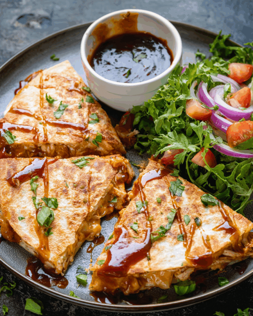 BBQ Chicken Quesadillas with fresh dips and drinks