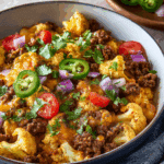 Finished Cauliflower Beef Taco Skillet with golden cheese
