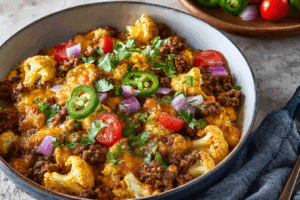 Finished Cauliflower Beef Taco Skillet with golden cheese