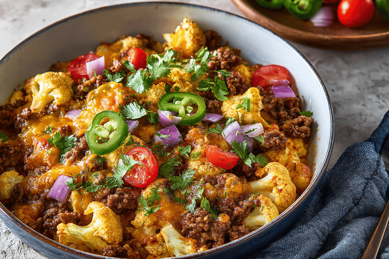 Finished Cauliflower Beef Taco Skillet with golden cheese