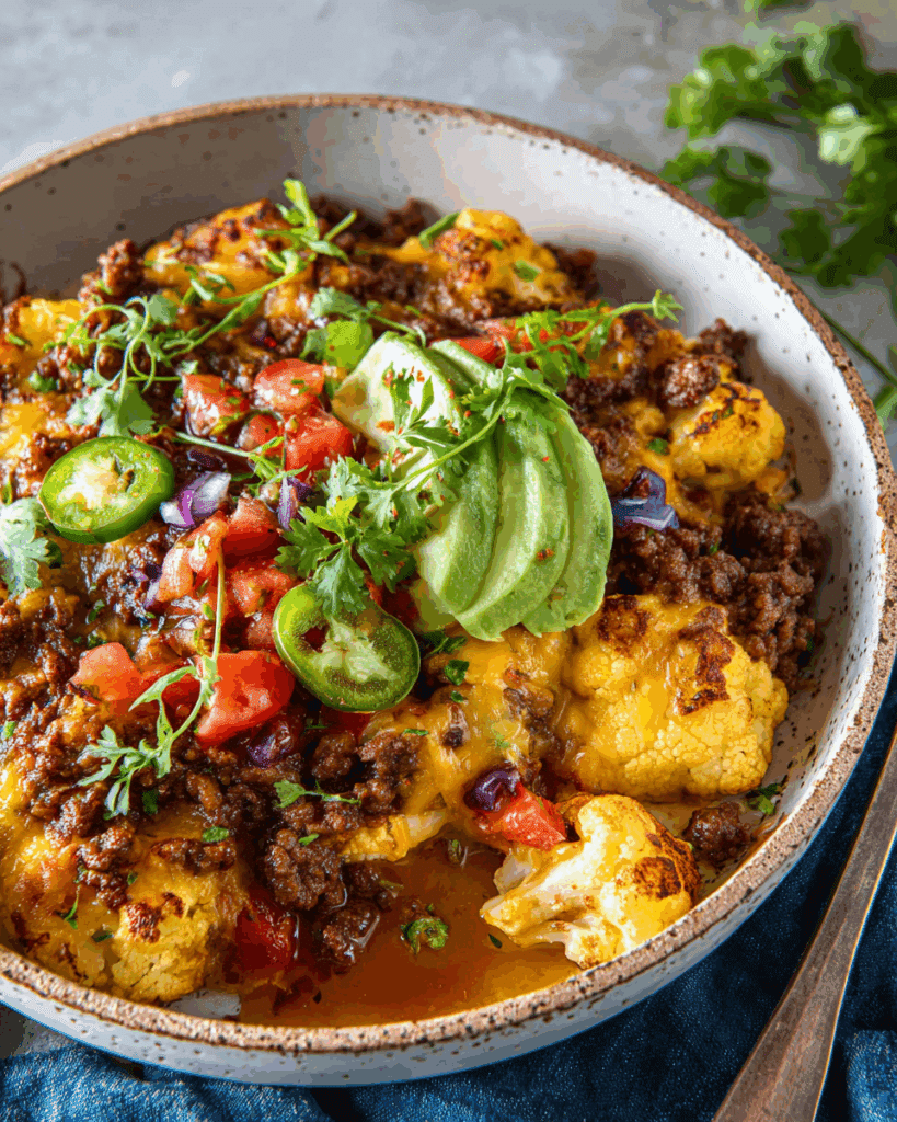 Cauliflower Beef Taco Skillet served with toppings and sides