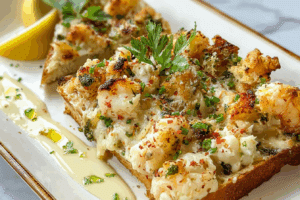 Freshly baked Shrimp and Jumbo Lump Crab Garlic Bread on wooden table