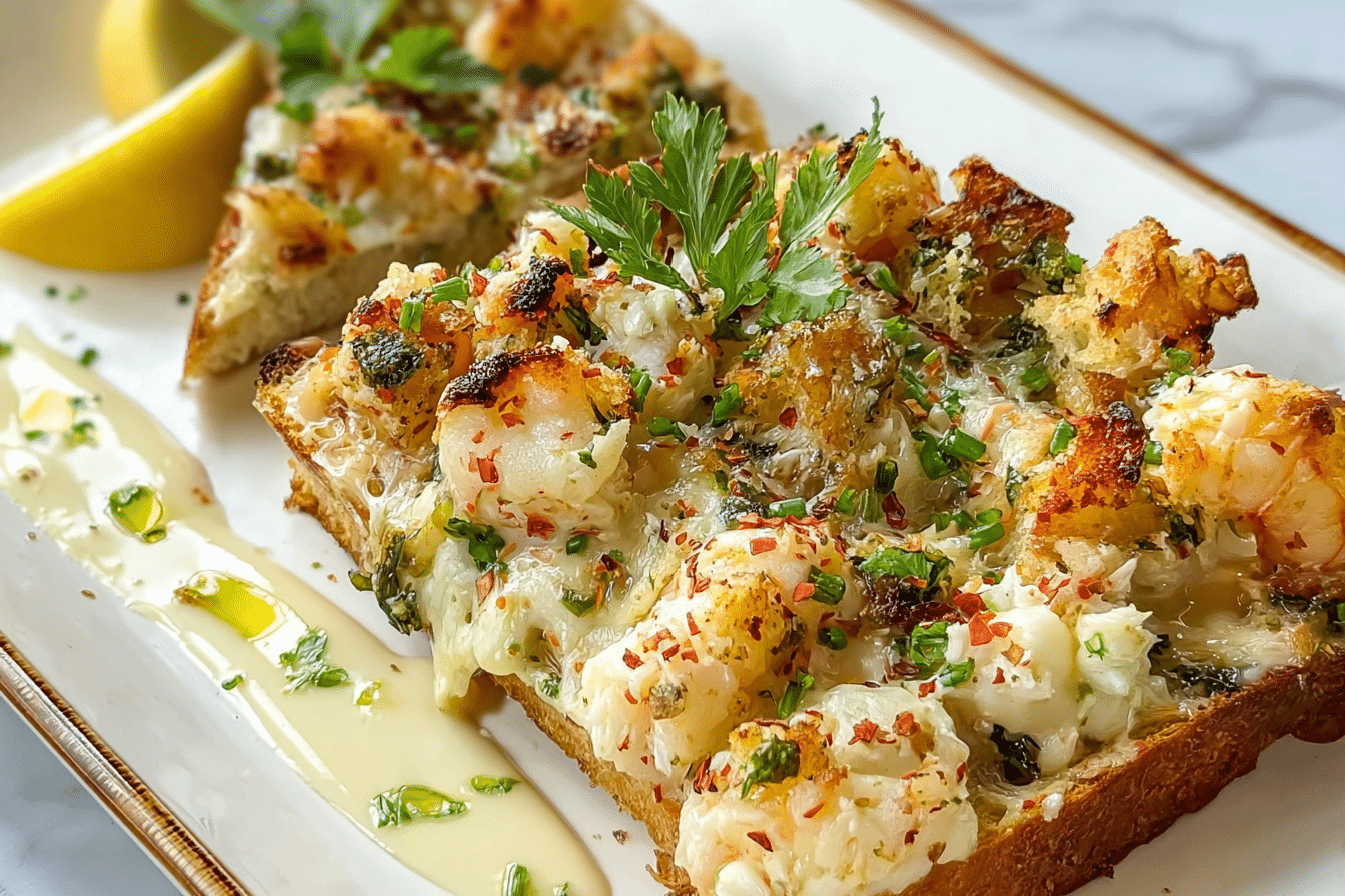 Freshly baked Shrimp and Jumbo Lump Crab Garlic Bread on wooden table