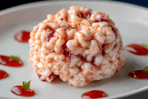 Marshmallow Rice Bubbles Halloween Brains on a decorated dessert table