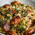 Chicken Sausage Broccoli and Orzo Skillet in cast iron pan