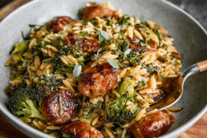 Chicken Sausage Broccoli and Orzo Skillet in cast iron pan