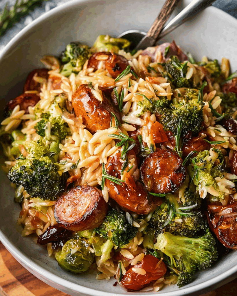 Served Chicken Sausage Broccoli and Orzo Skillet with salad