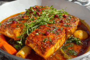 Classic Spicy Moroccan Fish in Rich Sauce served in a Moroccan kitchen