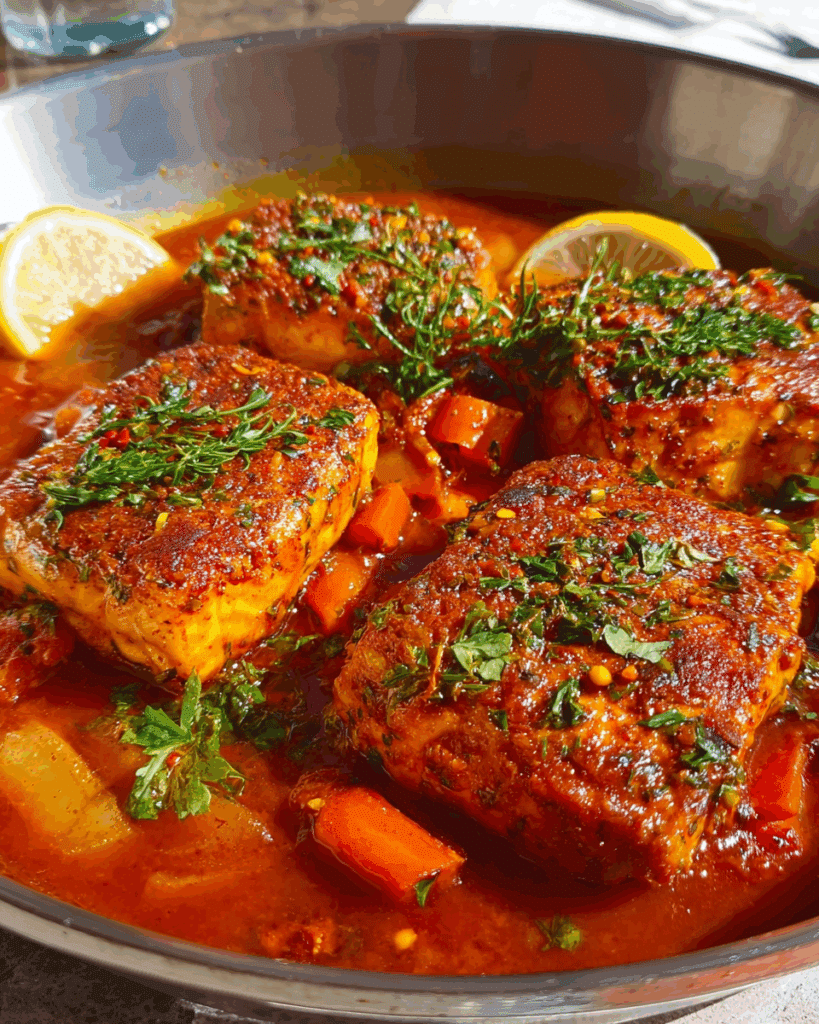 Served Classic Spicy Moroccan Fish in Rich Sauce on a platter