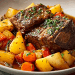 A cozy kitchen scene with pot roast cooking