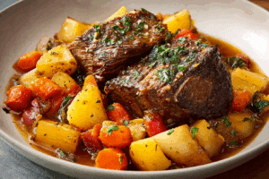 A cozy kitchen scene with pot roast cooking