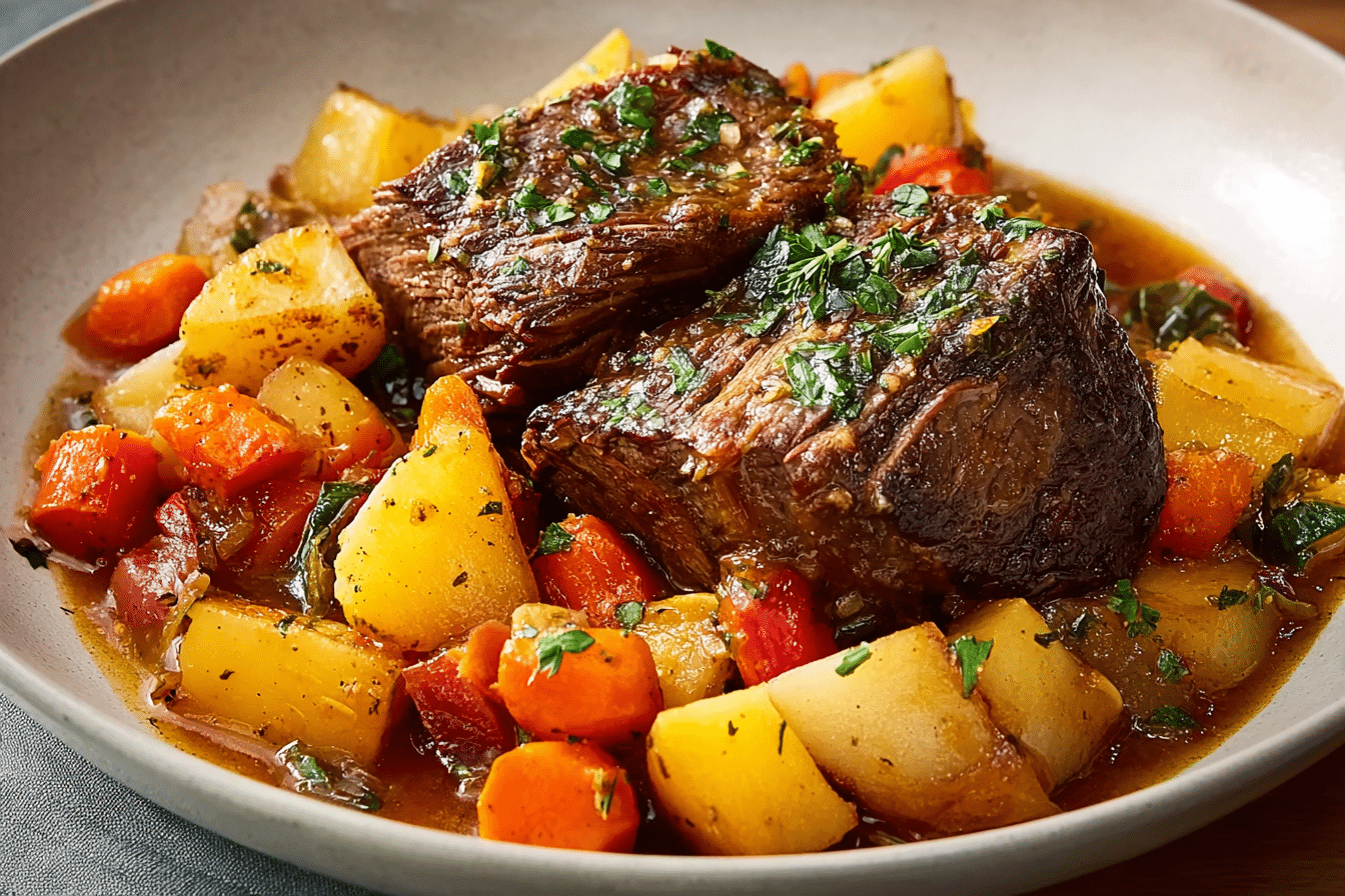A cozy kitchen scene with pot roast cooking