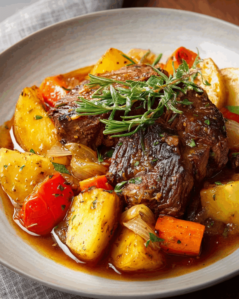 Finished pot roast with sides on a plate