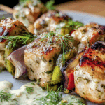 Grilled Dill Pickle Ranch Chicken Skewers served on a wooden board