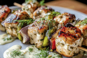 Grilled Dill Pickle Ranch Chicken Skewers served on a wooden board