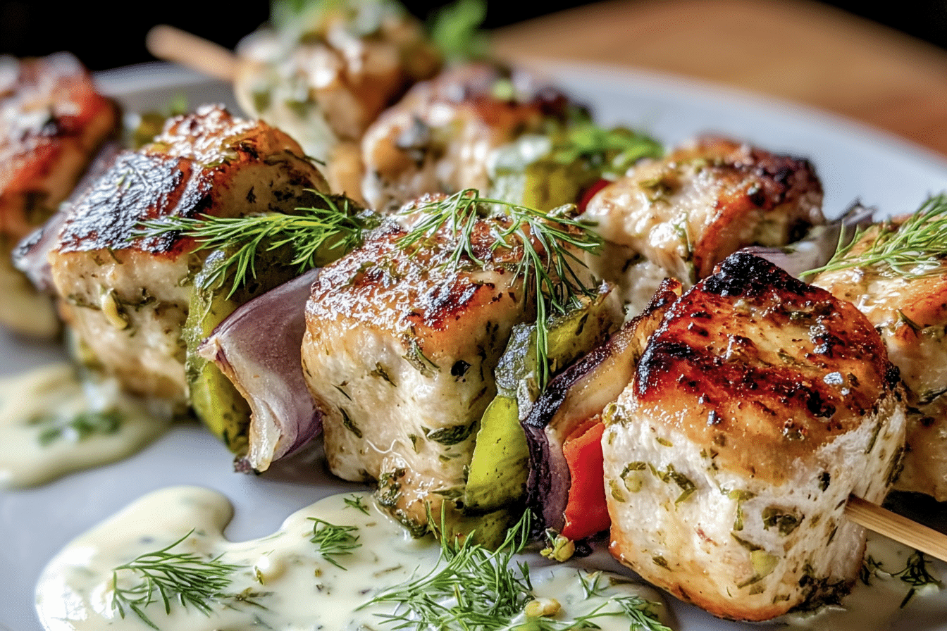 Grilled Dill Pickle Ranch Chicken Skewers served on a wooden board