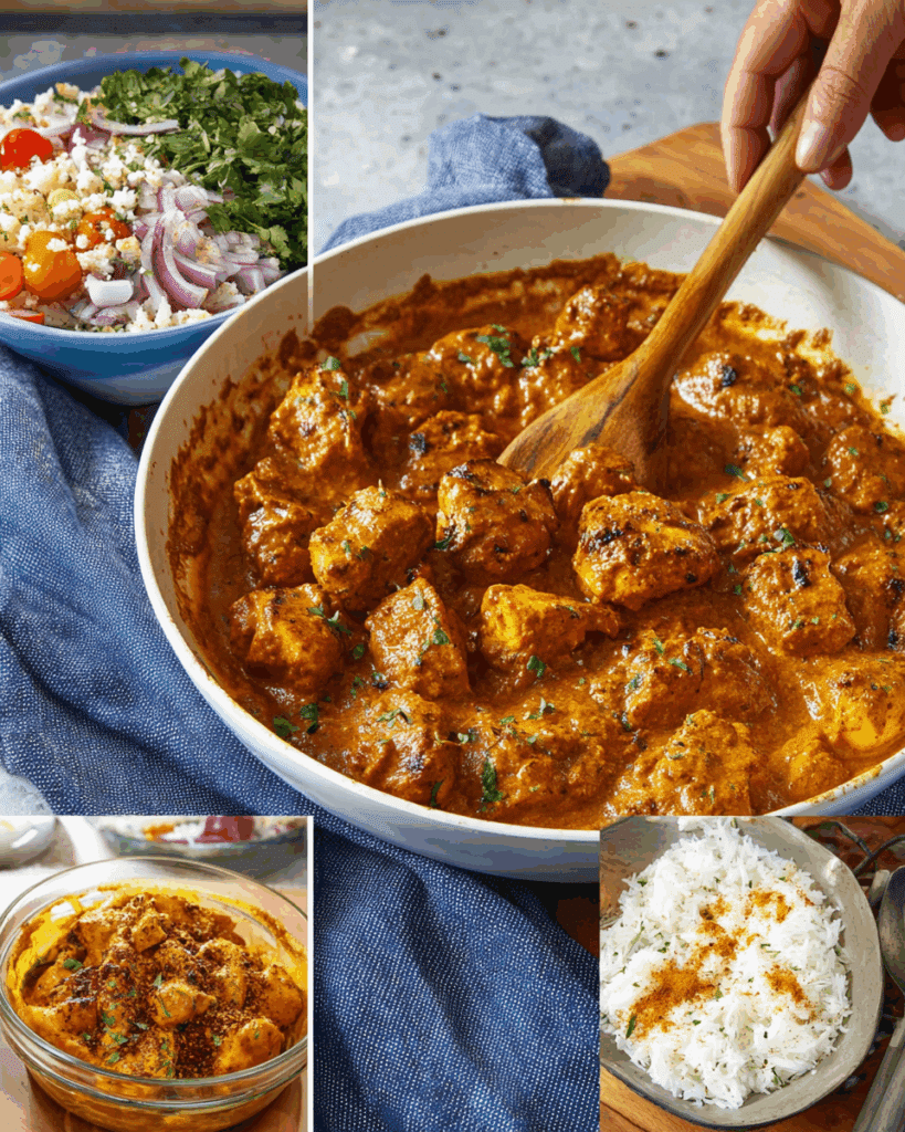 Chicken skewers for tikka masala being roasted