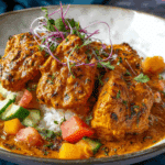 Chicken Tikka Masala served with naan and rice