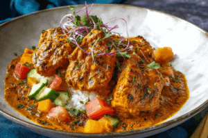 Chicken Tikka Masala served with naan and rice