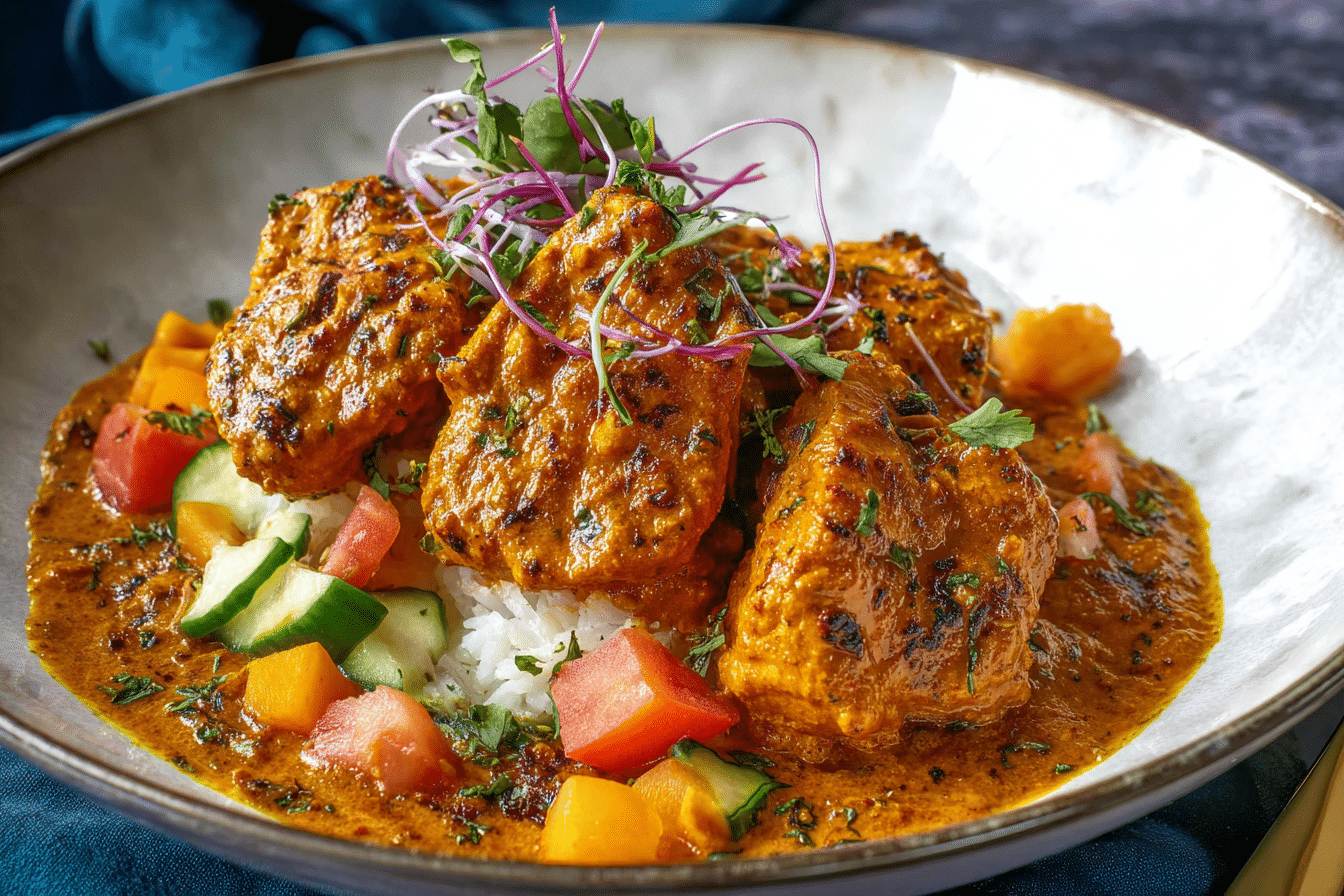 Chicken Tikka Masala served with naan and rice