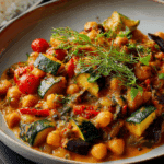 Spicy baked zucchini chickpea curry served in a rustic baking dish