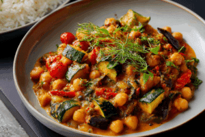 Spicy baked zucchini chickpea curry served in a rustic baking dish