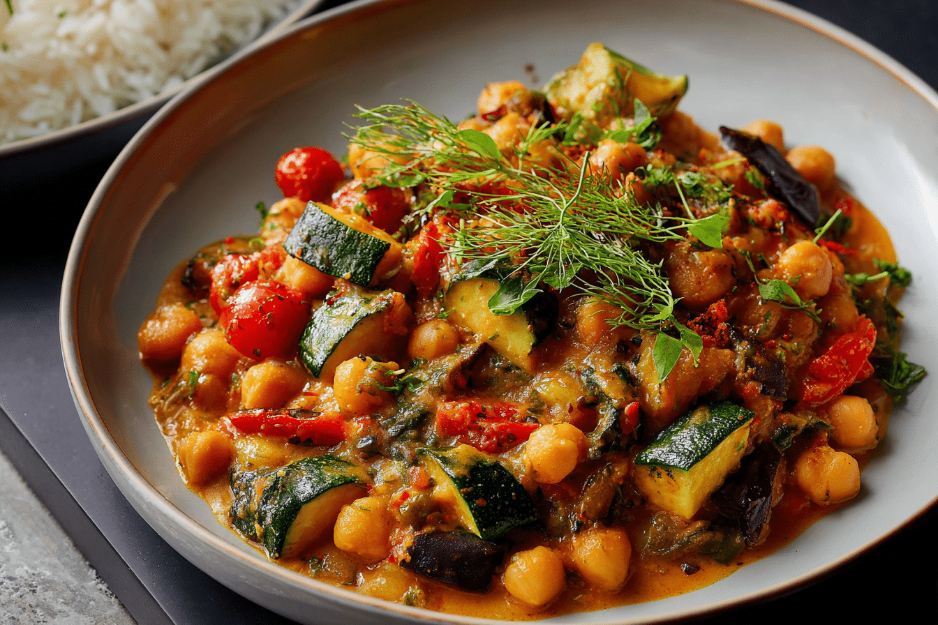 Spicy baked zucchini chickpea curry served in a rustic baking dish