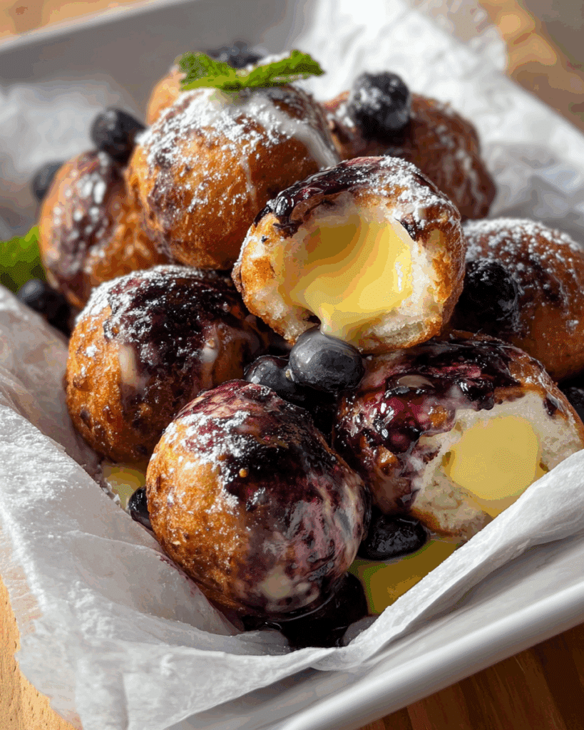Glazing and filling donut holes with lemon curd.