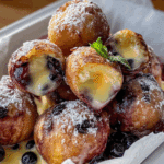 Plate of blueberry lemon curd donut holes with glaze and fresh fruit.