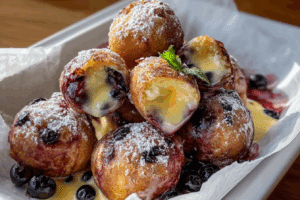 Plate of blueberry lemon curd donut holes with glaze and fresh fruit.