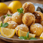 Freshly baked Zesty Lemon Treat Balls dusted with powdered sugar in a rustic kitchen.